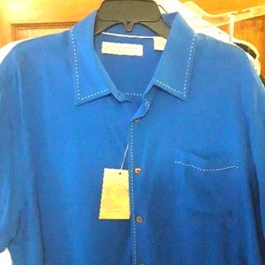 Royal blue silk textured short sleeve shirt